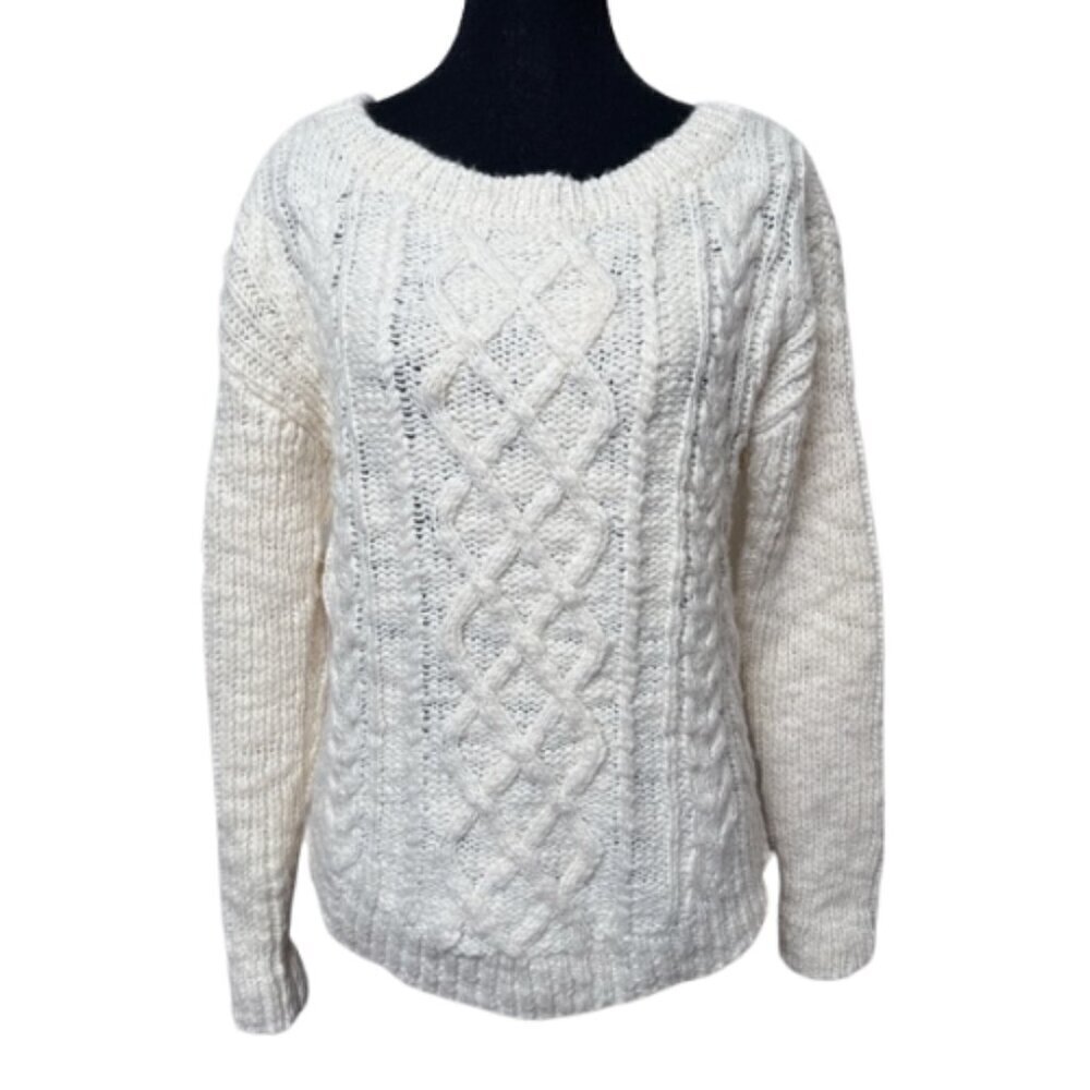 Banana Republic Womens Small Boat Neck Oversized Cable Ivory Wool Sweater